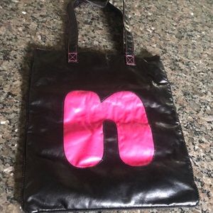 Black soft  leather like snap tote bag letter N